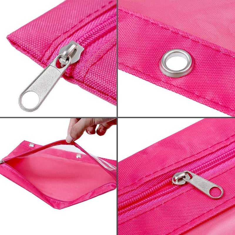 SdeFe Zippered Pen Pencil Binder Pouch 3 Rings with Clear Window for School Classroom Organizers 8 Pcs (Rose red) - Image 3